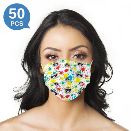Masque facial jetable imprimé d'art multicolore adulte 3 plis (50 PCS - 5 couleurs)